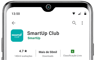 Celular com a Play Store aberta, exibindo o aplicativo SmartUp Club